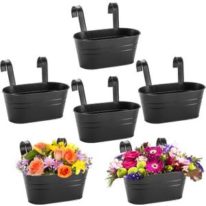 Foraineam 6 Pack Hanging Flower Pots, Metal Iron Hanging Planter Plant Pot Holders for Railing Fence Balcony, Black Hanging Bucket Pots Outdoor Porch Decors with Detachable Hooks and Drain Holes
