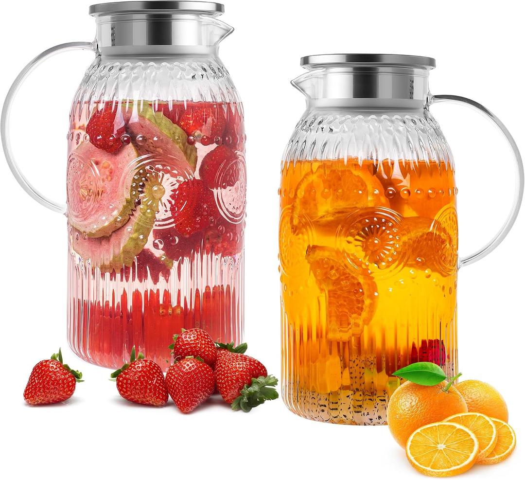 Bandesun Glass Pitcher with Lid, 68 oz/ 2 Liter 2Pack Vintage Water Pitcher,Glass Water Carafe for Cold Brew, Coffee, Lemonade, Iced Tea,Beverage, Heat Resistant Jug