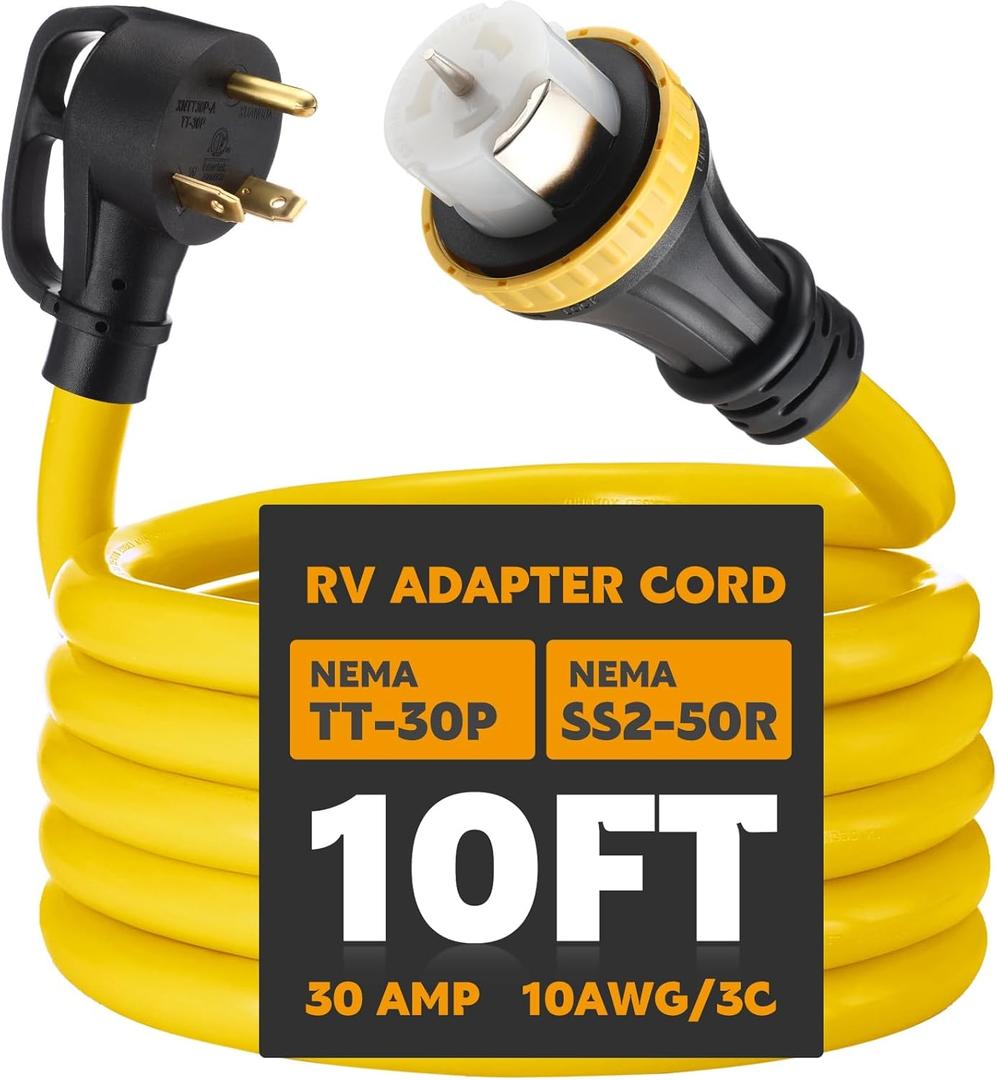 10ft 30 Amp to 50 Amp RV Locking Adapter Cord Compatible with Nema TT-30P Male to SS2-50R, Locking Female Power Dog Bone Plug for RV Trailer Camper, STW 10 Awg/3c