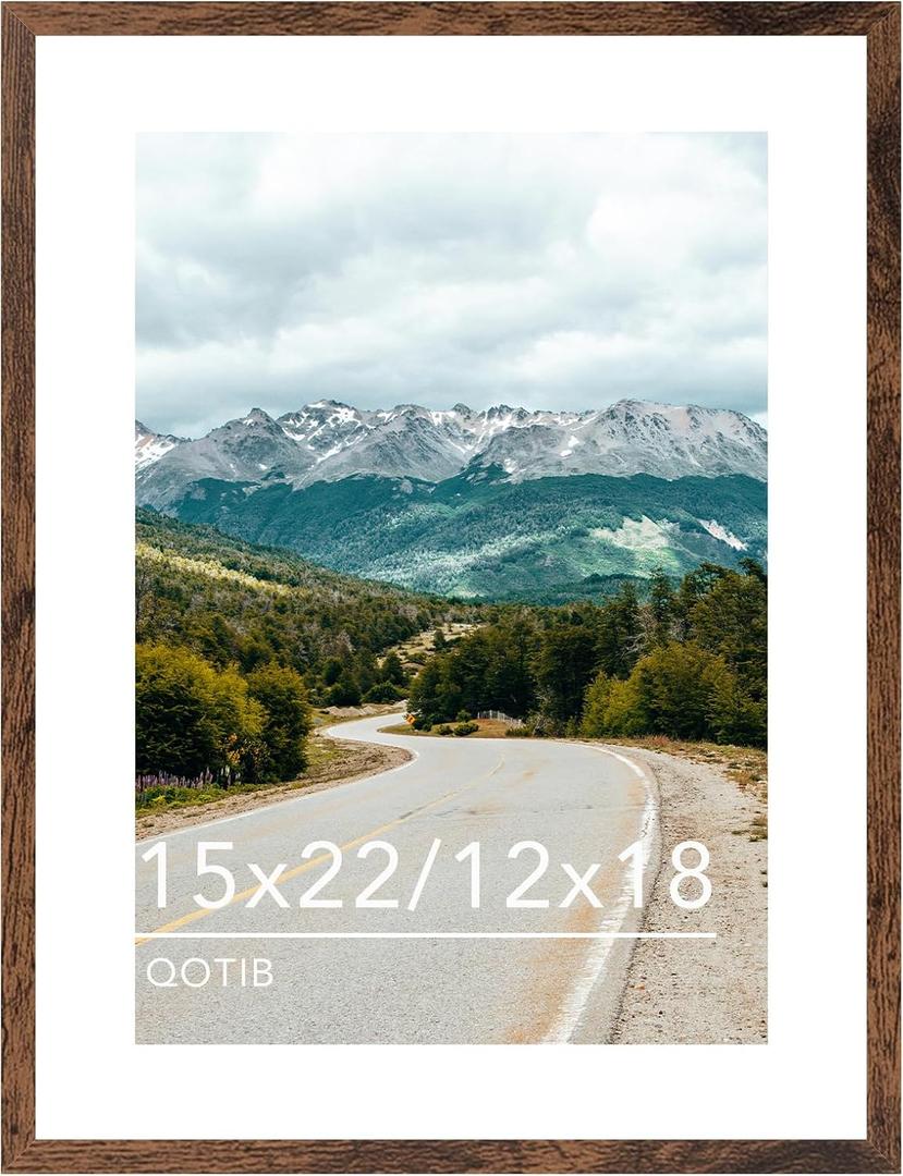 Wood 15x22 Picture Frame with 12x18 Mat, Display 12x18 with Mat or 15x22 Without Mat, Wood 15 by 22 Photo Frame, 15 x 22 Frame for Wall Hanging Display, Deep Brown, 1 Pack