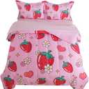 ADASMILE A & S Kids Strawberry Comforter Set Twin Size for Girls 5 Piece Pink Kawaii Flower Bedding Set Kids Strawberry Bed in A Bag Comforter (1 Comforter,1 Flat Sheet,1 Fitted Sheet & 2 Pillow Sham)