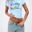 Birthday Shirts for Women Glitter Its My Birthday Shirt Sequin Birthday Party Crop Tops Cute Y2k Baby Tee (Blue, XL)