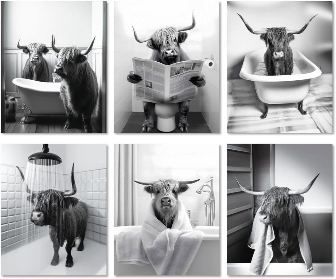 MINI ZOZI Black And White Highland Cow Bathroom Decor 8x10 6PCS Funny Pictures Wall Art Canvas Prints Set Rustic Farmhouse Modern Style Bath Restroom Animal Print Canvas Country Vintage Western Home