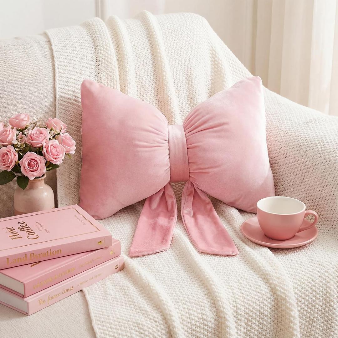 Thyle Large Pink Bow Pillow 18 x 16 Inches Velvet Bownot Throw Pillow Decorative Cute Coquette Bow Cushion Butterfly Shaped Decor for Wedding Dorm Room Bed Aesthetic Anniversary Sofa Couch Car Gift