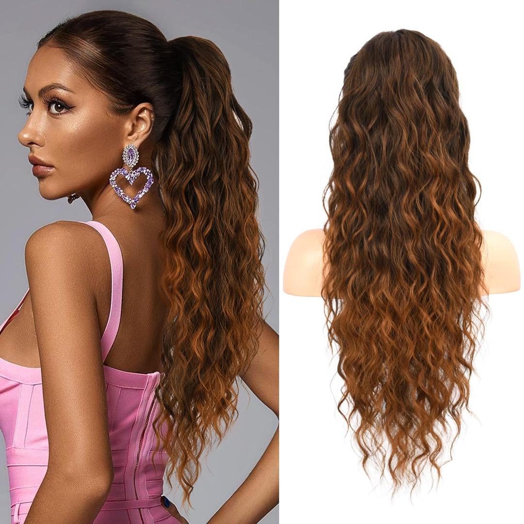 Flufymooz Ponytail Extension, 26 Inch Drawstring Ponytail Hair Extensions for Women Long Curly Wavy Pony Tail Natural Wavy Synthetic Hairpiece for Women Daily Use party (26 Inch Almond Brown)