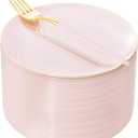 I00000 72PCS Pink Plastic Dessert Plates with Disposable Forks, Premium Pink Cake Plates, Fancy Apetizer Plate with Gold Rims Perfect for Party