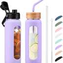 Kodrine Water Bottle with Straw, 24 oz Glass water Bottle with 2 Lids Bamboo Straw Lid and Spout Lid with Handle, 32 oz Clear Water Bottle Glass for Sports Travel, Water bottle with Time Marker (Purple)