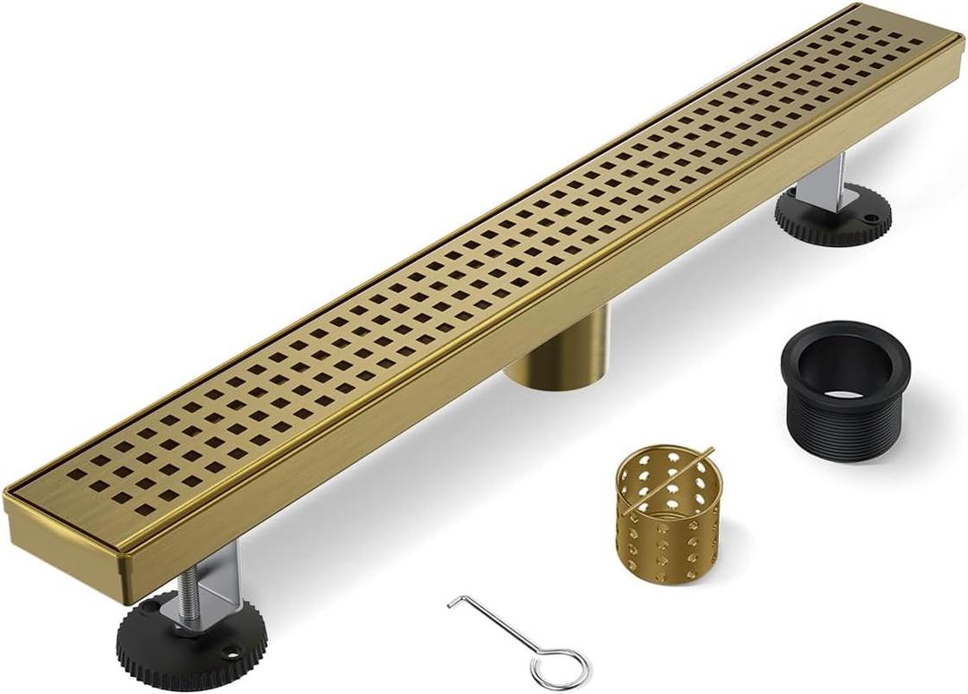Shower Drain, 32 Inch Gold Linear Shower Drain with Removable Square Hole Cover Grate, Bathroom Modern 304 Stainless Steel Brushed Gold Shower Floor Drain with Adjustable Feet, Hair Filter