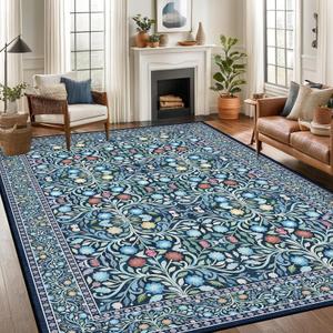 8x10 Area Rugs for Living Room, Washable Rug Floral Vintage Rugs for Bedroom Non Slip Low Pile Large Blue Boho Carpet Indoor Kitchen Dining Room Office Playroom Floor Mat