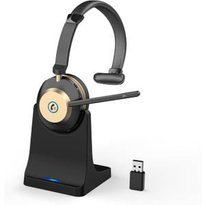 Earbay Wireless Headset with Mic for Work, Bluetooth Headset Microphone Mute & Charging Base, 45H+ Wireless Headphones with Mic Noise Canceling & USB Dongle for Work/Office/PC/MS Teams (Gold Black)
