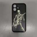 Skull Phone Case for iPhone 16, Skeleton Playing Guitar, Cool Goth Edgy Gothic Emo Luminous Design, Rock n Roll Style, Light Up Glow in The Dark, Leather Finish (iPh 16-Skeleton Playing Guitar)