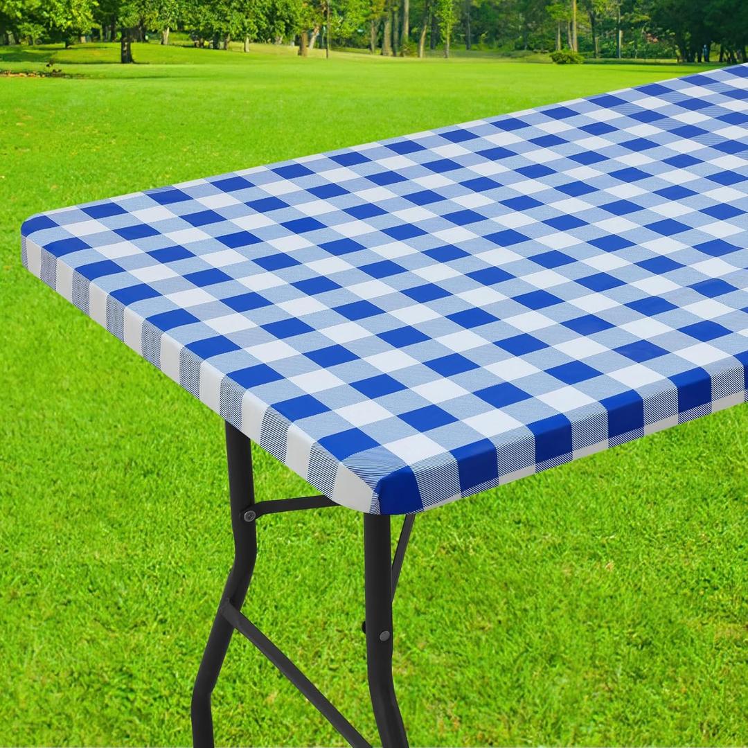 Smiry Rectangle Picnic Table Cloth, Elastic Waterproof Fitted Vinyl Tablecloths, Flannel Backed Buffalo Plaid Table Covers for Dining, Camping, Outdoor (White and Blue, 30" x 72")