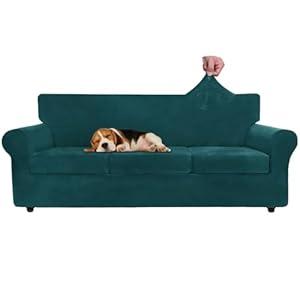 ZNSAYOTX Oversized Velvet Couch Cover 4 Piece (92"-115") Stretch Sofa Covers for 3 Cushion Couch Thick Soft XL-Slipcover with Non Slip Strap, Dog Pet Friendly Nice Furniture Protector (Deep Teal)