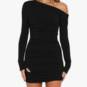 Mokoru Women's Sexy Elegant Off Shoulder Long Sleeve Ruched Bodycon Cocktail Party Mini Dresses M