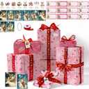 Tlenpo Christmas Wrapping Paper, with 16.4 Yd of Ribbon, Greeting Cards, Gift Tags & Stickers, 8 Sheets Xmas Gift Wrap Paper Suitable for Christmas Winter Holiday New Year Party Decoration, 19.6"  28.3" (Pink)