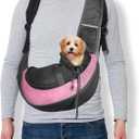 Dog Sling Carrier for Small Pet Up to 5.5 lbs Hand-Free Drawstring Pet Sling Carrier with Safety Hook & Adjustable Strap, (Pink, 1 Pcs) Intended for Hiking and Camping