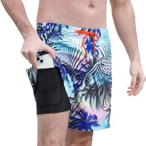 Mens 5/7" Ineseam Swim Trunks with Compression Liner 2 in 1 Bathing Suit Swimwear with Zip Pockets UPF50+ Board Shorts (3X-Large, 5" Hawaiian-style-blue)