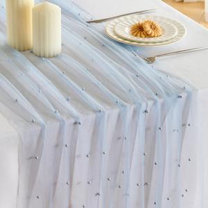 Fanami 6 Pack Pearl Table Runner -10FT Dusty Blue Boho Tulle Table Runners 120 Inches Long Rustic Sheer Lace Fabric Centerpieces for Wedding Arch Birthday Party Bridal Veil Baby Shower Decorations