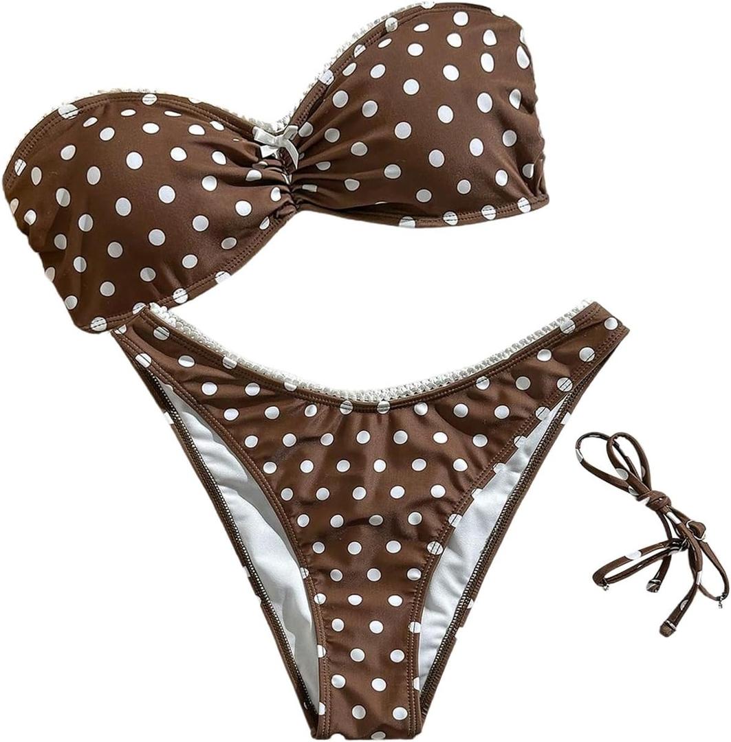 SweatyRocks Women's 2 Piece Ruched Bandeau Bikini Sets Polka Dots Bathing Suits (Medium, Brown)