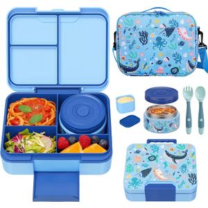 Kids Bento Lunch Box Set with 9.5oz Soup Thermo, Leak-Proof Lunch Food Containers with 3 Compartment and Removable Inner Tray, Insulated Hot Food Jar with Lunch Bag for School, Office, Sea Blue