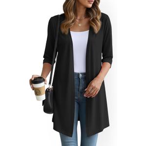 YSYOKOW Womens Lightweight Open Front Cardigan Casual Loose Knit 3/ 4 Sleeves Fall Outwear Fashion(Black, XX-Large)