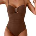 Eomenie One Piece Swimsuit for Women Tummy Control Ruched Bathing Suit Cutout U Wire Swim Suits (Large, Brown)