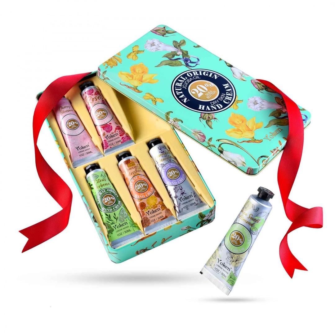 20% Shea Butter Hand Cream Gift Set, Instant Soothing Moisturizing Hand Cream for Women Nourishes Dry Hands, 6-Piece Delicate Tin Gift Set Almond, Citrus Verbena & Floral-Scented, 6 x 1 OZ
