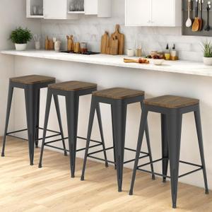 24 Inch Metal Bar Stools, Backless Industrial Bar Stool with Wood Seat, Stackable Counter Height Bar Stools Set of 4 for Kitchen Island, Restaurant, Bar (Black)