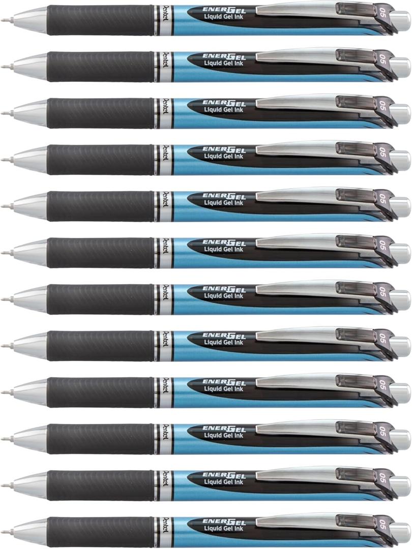Pentel EnerGel Deluxe RTX Retractable Liquid Gel Pens, Fine Point, 0.5 mm, 54% Recycled, Blue Barrel, Black Ink, Pack Of 12 Pens