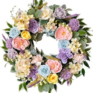 TEMPUS Spring Summer Wreath for Front Door 22 Inch Artificial Floral Wreath with Roses Peonies Hydrangeas Leaves for Door Wall Decoration Wedding Party Home Farmhouse Decoration (Multicolor)