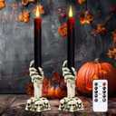 GenSwin Halloween Black Taper Flameless Candles with Ghost Hand Candlesticks and Remote Timer, 2 Pcs Battery Operated Taper Candles with Holder and 3D Flame for Halloween Decor