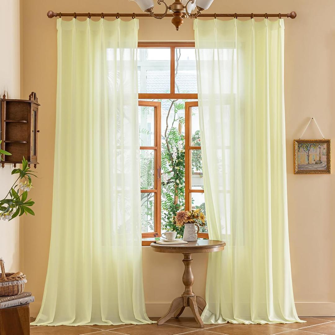 MAIHER 108 Inch Light Yellow Pleated Sheer Curtains with Hooks 2 Panels, 42"W x 108"L