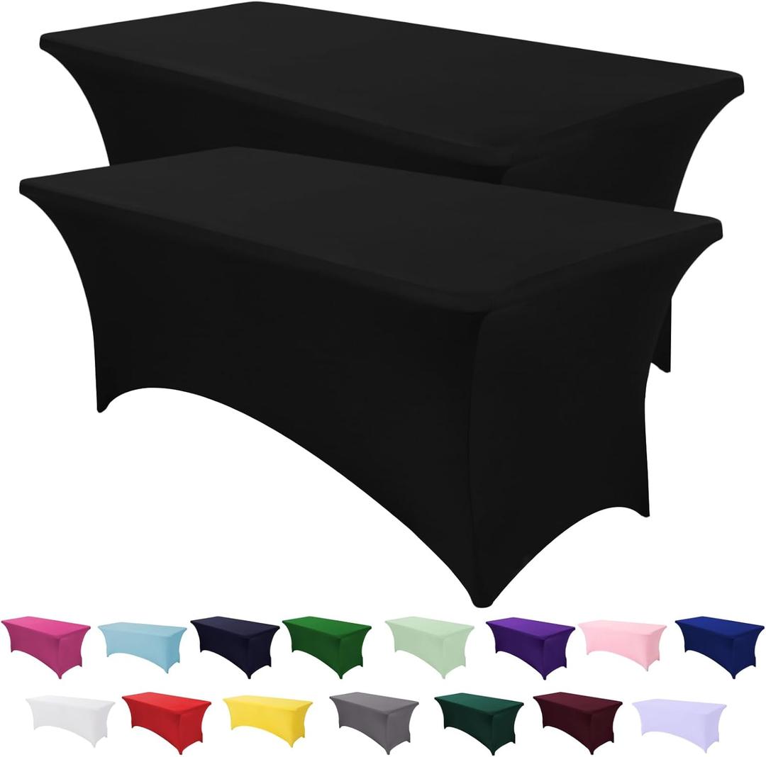 Spandex Table Cover 2 Pack 8FT Black Fitted Tablecloths,Washable Wrinkle Resistant Stretch Table Cloth Rectangle for Vendor Booth Display Items,Party Supplies for Adults,Wedding Decorations,Banquet