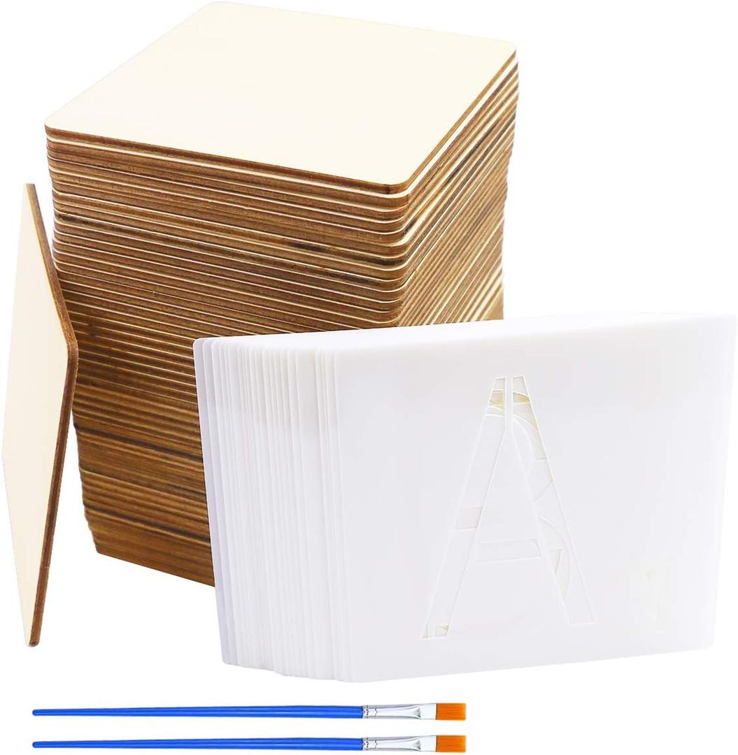 50 Unfinished Blank Wood Pieces 4 Inch with 26 Letters Stencils for Wall Decor Home Decoration DIY Craft Projects