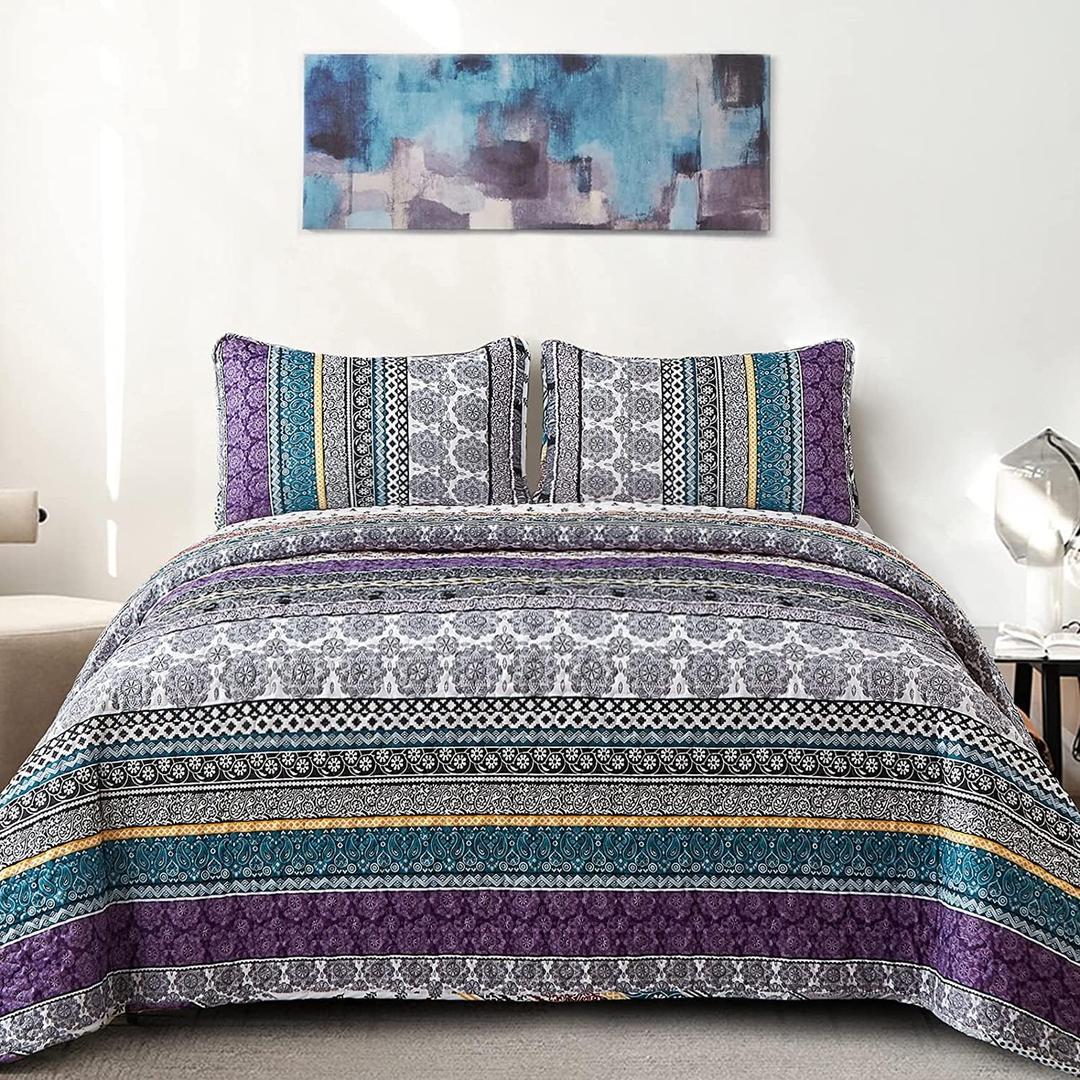 WONGS BEDDING Boho Quilt Set King Size, Purple Bohemian 3 Pieces Quilt Sets, Lightweight Bedspread Coverlet Bedding Set for All Season (103"x90")