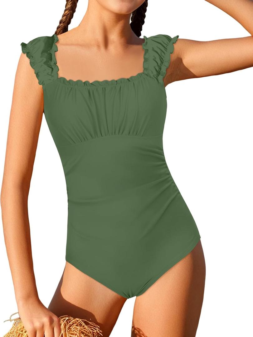 Teen Girls Swimsuit One Piece Bathing Suit Ruched Square Neck Twist Back Solid Color Girls' Swimwear for Beach Pool