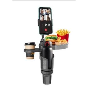 4-in-1 Car Cup Holder Expander with 360 Swivel Tray, Universal Adjustable Base for Large Mugs and Bottles, Integrated Smartphone Mount for Food and Snacks, Black