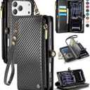 Defencase for iPhone 17 Pro Max Case Wallet with RFID Blocking Card Holder for Women Men, PU Leather Magnetic Snap Flip Zipper Strap Wallet Phone Case for iPhone 17 Pro Max 6.9", Carbon Fiber Black