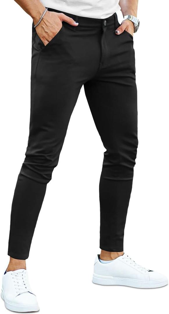 Mens Dress Pants Slim Fit Stretch Fashion Plaid Pant Skinny Leg (28W x 28L, Black Plain)