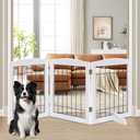 LZRS 3-Panel Freestanding Adjustable Wooden Dog Gate30" Tall Foldable Pet Barrier with Support Feet, Chew-Resistant Solid Hardwood & Steel Wire Safety Fence for Doorways, Hallways, and Stairs, White