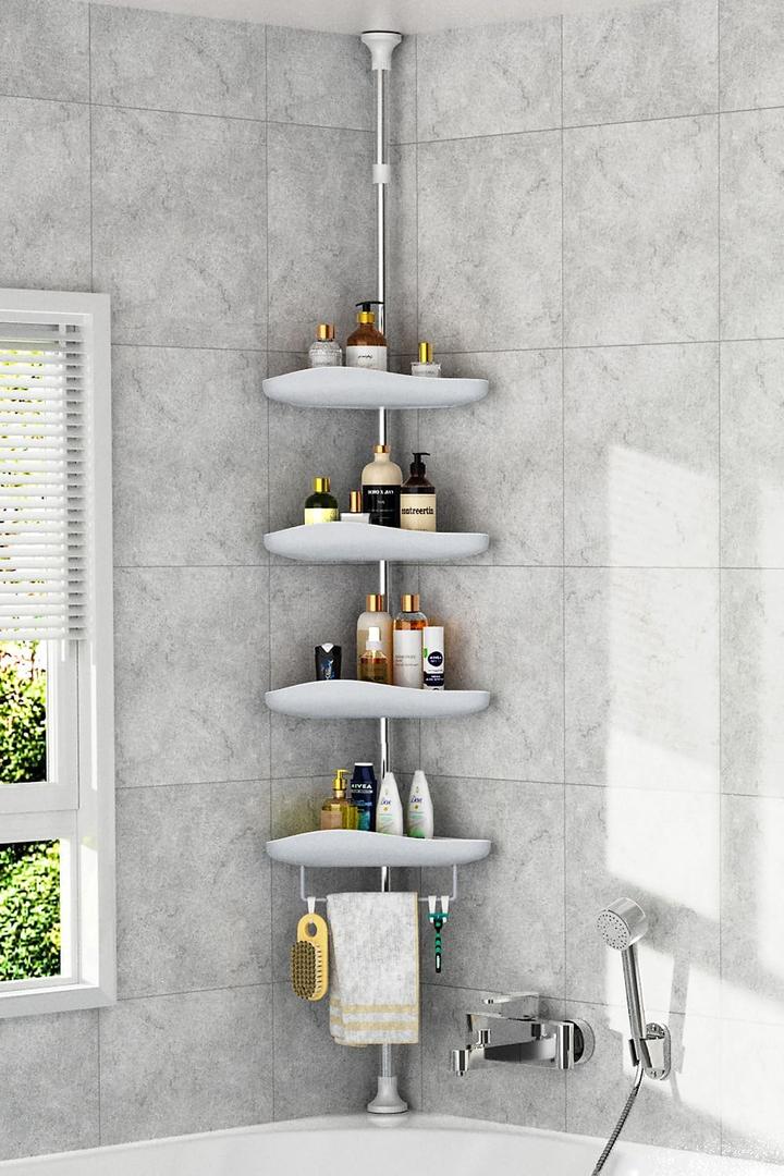 Epicano Corner Shower Caddy Tension Pole-56-115 INCH, 4-Tier Adjustable Shower Shelves with Tension Pole, Rust-Resistant Corner Shower Organizer, Adjustable Bathtub Tub Shampoo Storage, Premium Gray