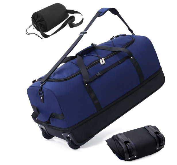 CONTAIL 32”110L Expandable 140L Rolling Duffle Bag with 2 Inline Wheels,Convertible Weekend Travel Bag with Bungee-Cord System,Navy