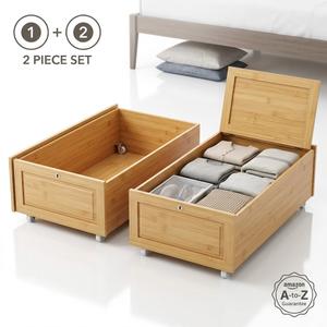 Underbed 2 Piece Bamboo Storage, Natural Bamboo Underbed Storage Containers with Wheels (33" x 16.5" x 7.48") – Rolling Under-Bed Storage Bin