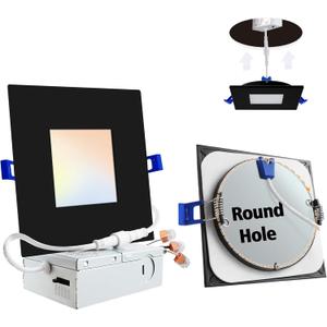 Adetu 4 inch Square Led Recessed Lighting Black,5CCT Ultra Thin Square Led Ceiling Light with Junction Box,2700K-5000K, 10W 860LM,Can-Killer Wafer Downlight,ETL and Energy Star Certified