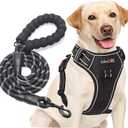 No Pull Dog Harness Adjustable Reflective Oxford Easy Control Medium Large Dog Harness with A Free Heavy Duty 5ft Dog Leash (M (Neck: 14.5"-20.5", Chest: 22"-28"), Black Harness+Leash)
