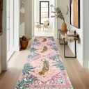 Oriental Tropical Hallway Runner Rug 2x8 Washable, Thin Stain Resistant Pink Boho Runner Rug for Entryway Kitchen Bedroom Laundry, Vintage Abstract Hippie Indian Botanical Long Floor Carpet