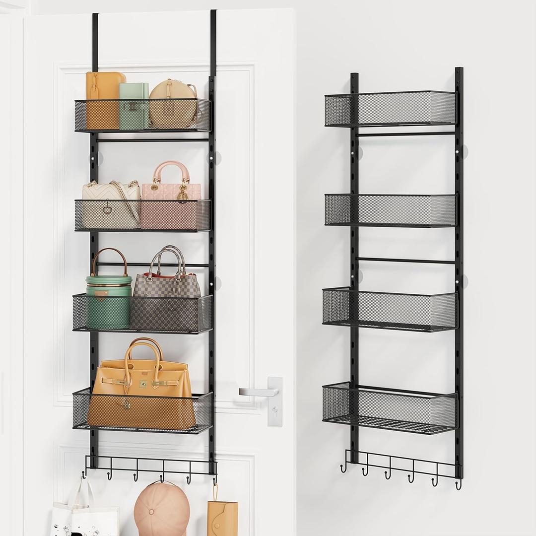 SWTYMIKI Over The Door Purse Organizer - Wall Mounted Purse Rack with 4 Adjustable Metal Basket and 6 Hooks, Hanging Bag Rack for Handbag Organizer, Bag Storage Can Use As 1/2 Part, for Door, Closet (Black)