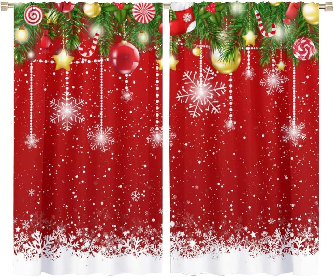 Merry Christmas Blackout Curtains for Bedroom,Vintage Red Floral Snowflake Window Curtain Rod Pocket 2 Panels 63L x 36W