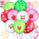 Skylety 60 Pcs Strawberry Balloons Berry Sweet One Birthday Decorations with Polka Dots & 2 Ribbons for Strawberry Theme 1st Birthday, Baby Shower, Summer Fruit Party Supplies for Girls