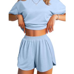 JUSTFASHIONNOW Split Short Bamboo Pajama Set Cute Summer Pjs for Women 2 Piece Short Sleeve Lounge Sets Soft Sleepwear (Blue, M)